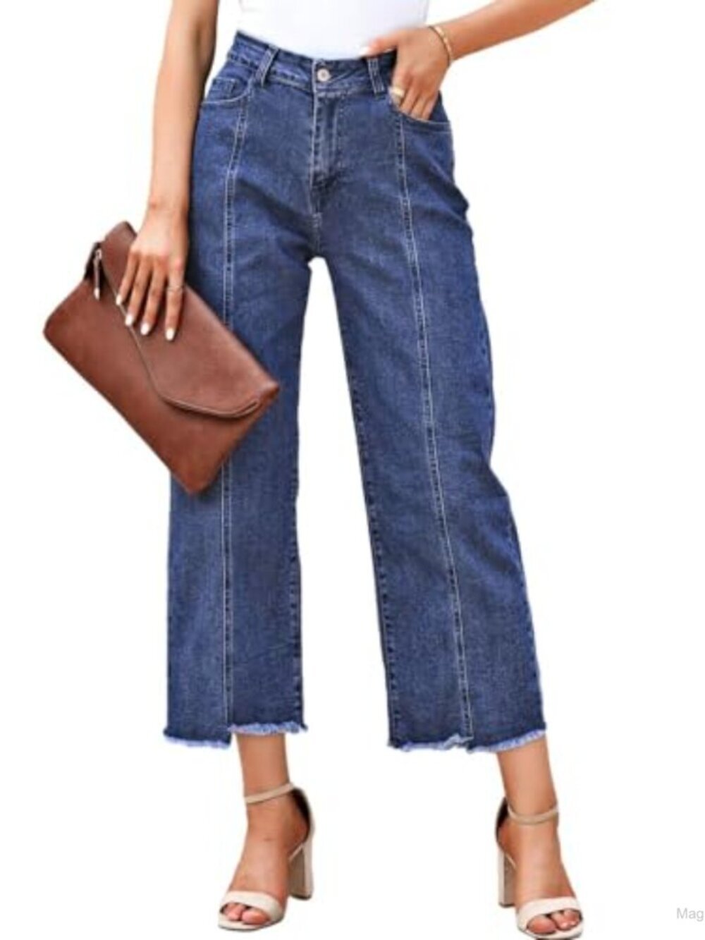 High Waisted Straight Leg Cropped Jeans for Women Raw Hem Denim